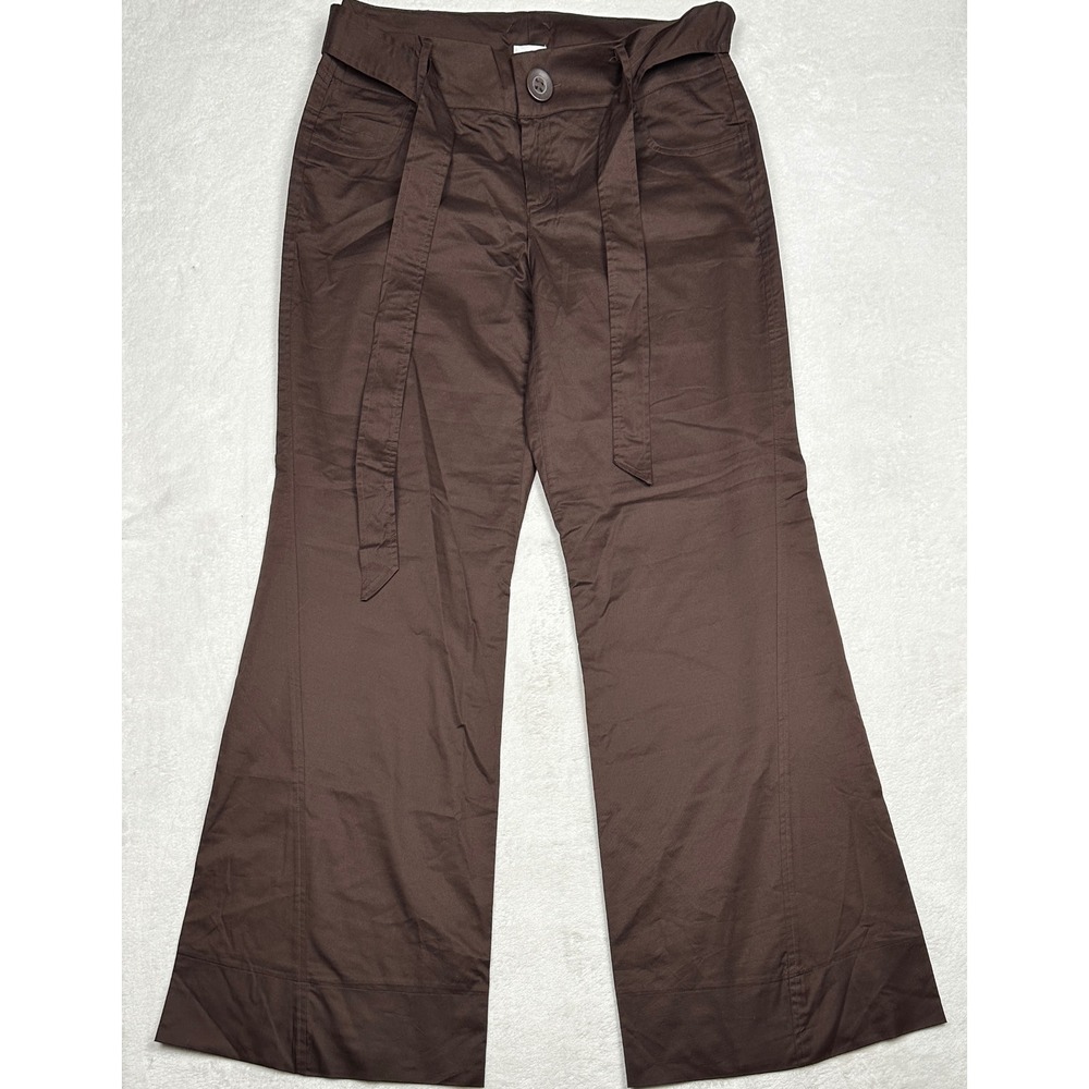 Cache Brown Wide Leg Belted Trousers Women Size 6 Flared Cotton Stretch Pants